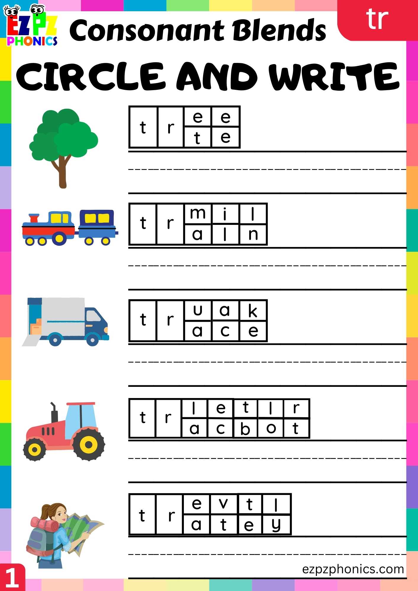 Group1 TR Words Circle And Write Phonics Consonant Blends Worksheet